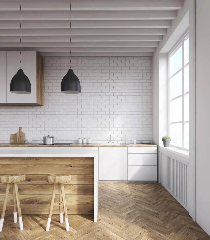 Spacious Kitchen Interior with Brick Walls