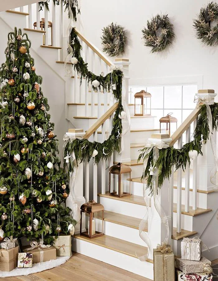 Wreaths Trio Lanterns Christmas Staircase