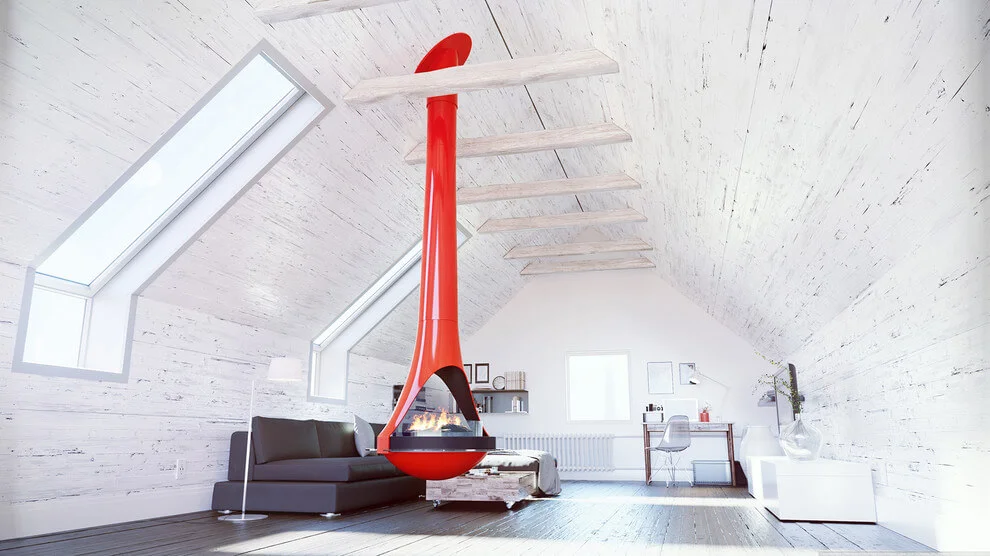 White Bedroom Hanging Fireplace