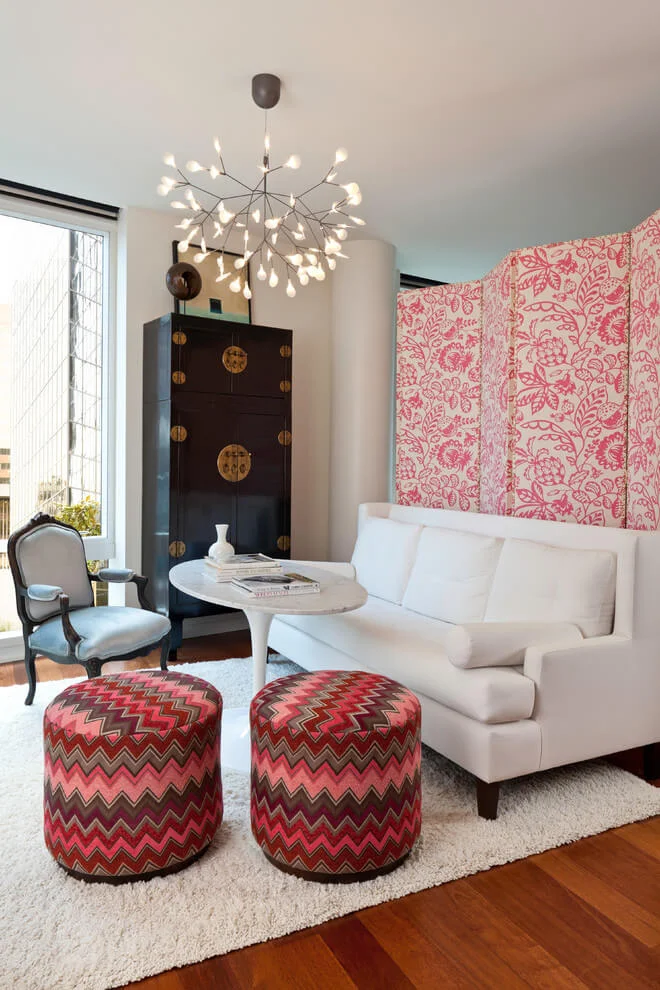 Transitional Living Room Pink Accents