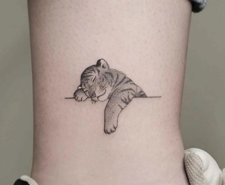 Cute Sleeping Tiger Cub Leg Ink