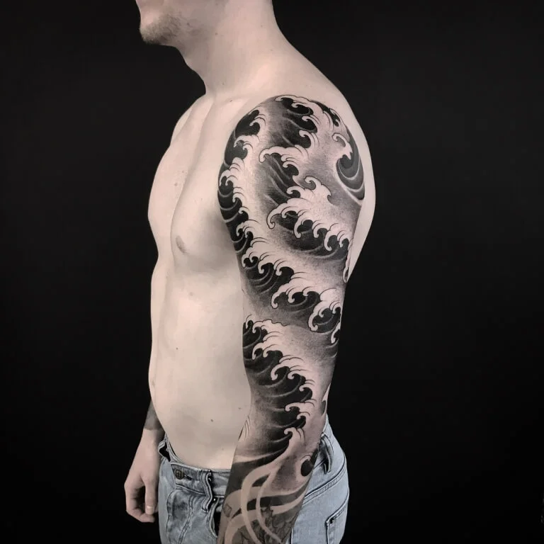 Full Sleeve Japanese Style Waves Tattoo