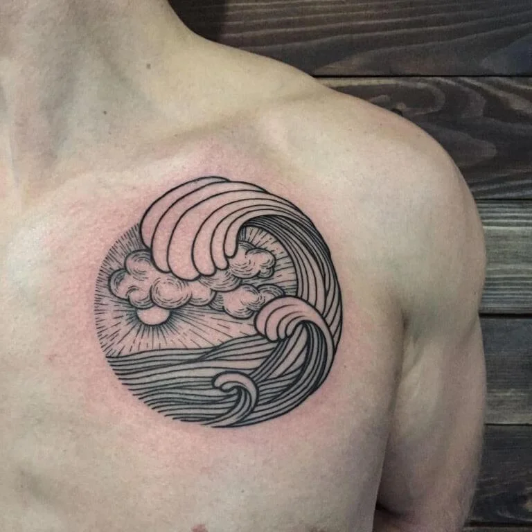 Waves and Sun Linework Ink