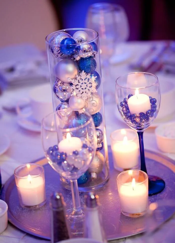 Gorgeous Candles Silver Blue Centerpiece